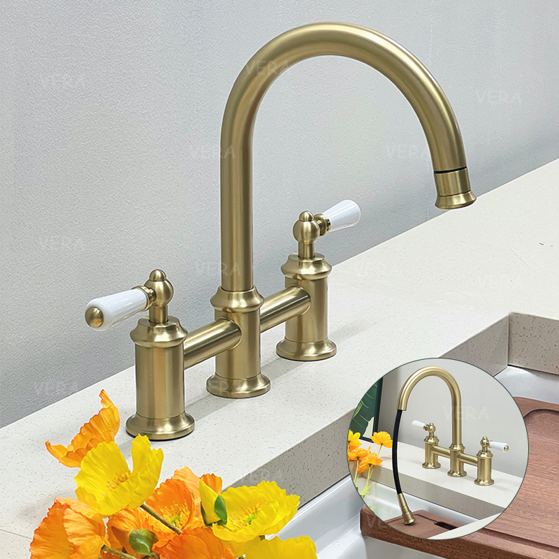 Victorian French-Style Retro Washbasin Faucet, All-Copper, Double-Handle, Three-Hole Bathroom Hot and Cold Water Faucet, Pull-Out