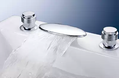 Hot and cold water inlet double handle double cut all-copper European-style bathroom round faucet cylinder side three-piece waterfall bathtub faucet