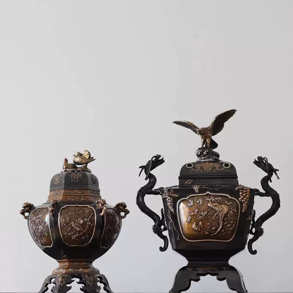 南园古美术日本金工大师二世秦藏六造涂金铜喜狮子香炉床置双箱