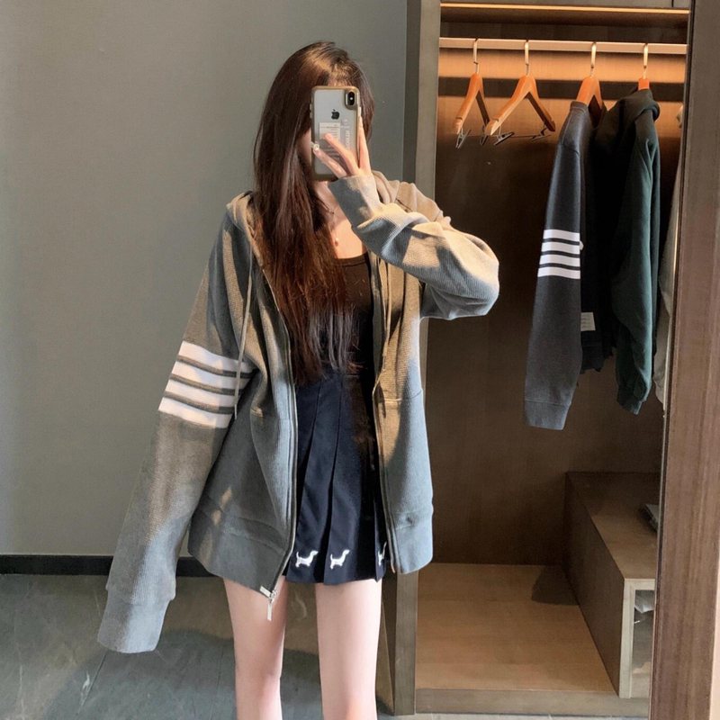 Tb Sweatshirt Jacket for Men and Women, Waffle Pattern, American College Style, Loose Fit, Slimming, Striped, Pure Cotton, Zip-Up Hooded Cardigan