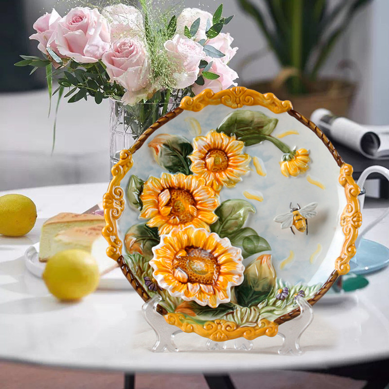 Sunflower Countryside Style Ceramic Decoration Pan Solid Wall Hanging Disc Home Decoration Craft Tray New Residence Furnishing
