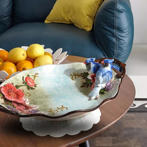 European-style Chinese flower and bird ceramic large fruit bowl Peach fan Magpie decoration fruit plate tea table dining table Home furnishings