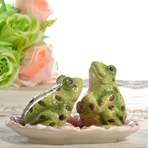Pastoral hand-painted ceramic frog salt and pepper jar storage plate Home decoration knickknacks Decorative fruit bowl Home gifts
