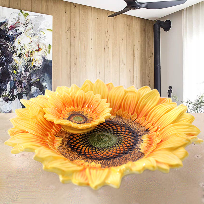 European Garden Sunflower Ceramic Fruit Plate Sunflower Fruit Bowl Multifunctional with Toothpick Box Fruit Plate Tea Table Decoration