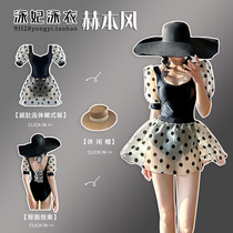 New French retro Hepburn wind polo point swimsuit female Korean ins fairy fan backless conjoined personality holiday swimsuit