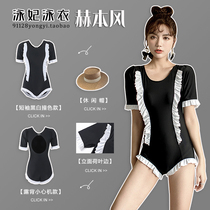 Hepburn style new black and white one-piece bikini swimsuit women ins slim slim short-sleeved hot spring resort swimsuit