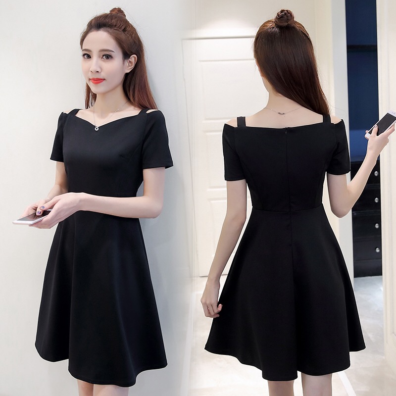 Spring and summer slim short sleeve off shoulder bra black suspender dress women's medium length small black skirt