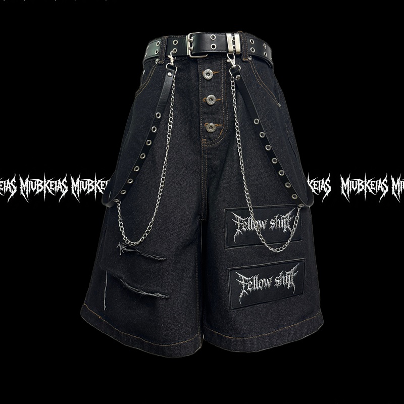 Miub Punk Rock Ripped Frayed Denim Shorts for Men and Women, Summer Y2K Yabi Distressed Loose Wide-Leg Knee-Length Shorts