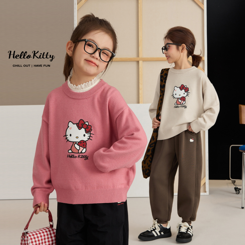 【Cone Cat】2026 New Girls' Round Neck Sweater Winter New Hello Kitty Print Warm Knitted Top