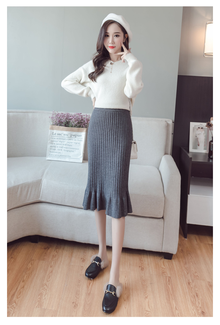 Mùa thu đông mới đan dày váy len bằng gỗ túi đeo hông váy qua đầu gối đuôi cá nửa váy nữ chân váy ôm