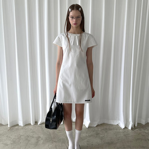 Pff Girl White Bow Round Neck Shoulder-Covering Short-Sleeved Dress