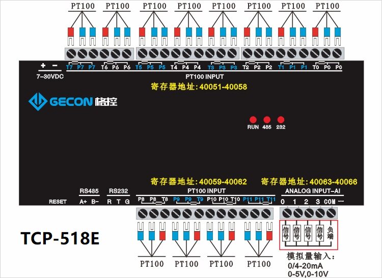 TCP-518E 12PT100 4AI 3-wire temperature acquisition module, Ethernet RS232+485 s