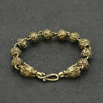 Retro old pure brass domineering six-character mantra Buddha beads round beads S buckle faucet bracelet mens jewelry crafts