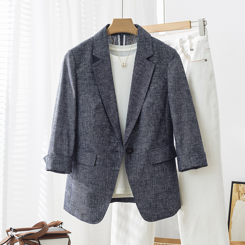 High-End Commuting~Fashionable Floral Pattern Slim-Fit One-Button Three-Quarter Sleeve Cotton-Linen Blazer for Women in Summer