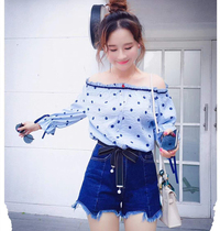 Xia new shirt female Korean sweet Academy wind off shoulder shoulder word collar two wear wave dot foreign style Joker shirt shirt