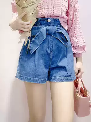 Denim shorts women 2019 autumn Korean chic age reduction bow high waist slim Student wide pants casual pants