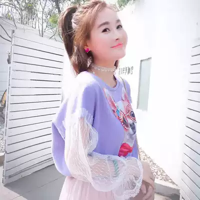 (Live exclusive) Autumn new Joker thick cotton T female Korean version of sweet academic wind mesh splicing pullover top