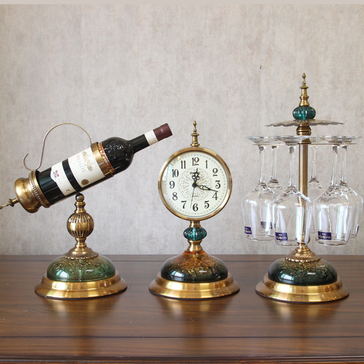 American creative alloy red wine rack Wine glasses hanging rack alloy clock European-style living room entrance wine cabinet ornaments