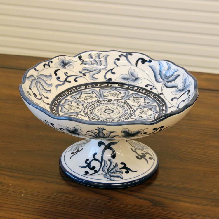 New Chinese Ceramic Fruits Pan High Foot Round Fruit Pan Modern Minimalist American Craft Gift Pendulum Dining Room Tea Table Decorations