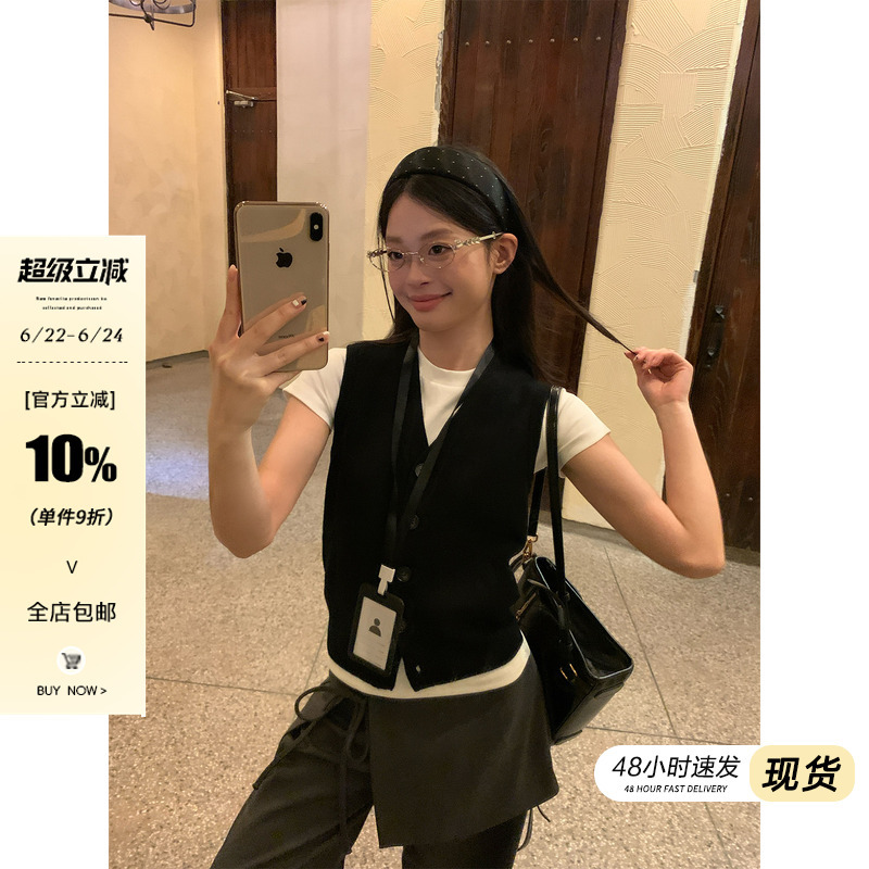 Song Zheng'En Black Sweater Knit Vest for Women, Summer Layering Outerwear, High-Fashion Slimming Waistcoat Top Song Zheng'En Black Sweater Knit Vest for Women, Summer Layering Outerwear, High-Fashion Slimming Waistcoat Top