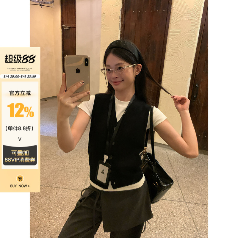 Song Zheng'En Black Sweater Knit Vest for Women, Summer Layering Outerwear, High-Fashion Slimming Waistcoat Top Song Zheng'En Black Sweater Knit Vest for Women, Summer Layering Outerwear, High-Fashion Slimming Waistcoat Top