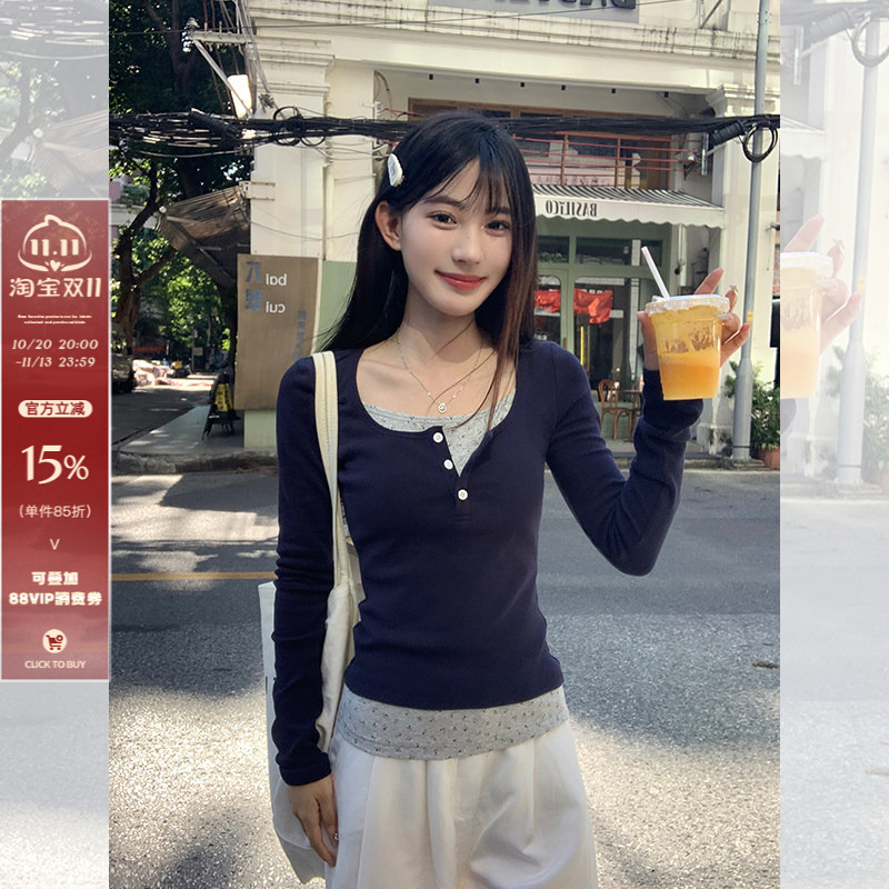 Song Zheng'En Bm Style Navy Blue U-Neck Fake Two-Piece Long-Sleeve T-Shirt for Women, 2026 Autumn Inner Layer Base Shirt, Slim Fit Top for Trendy Girls Song Zheng'En Bm Style Navy Blue U-Neck Fake Two-Piece Long-Sleeve T-Shirt for Women, 2026 Autumn Inner Layer Base Shirt, Slim Fit Top for Trendy Girls