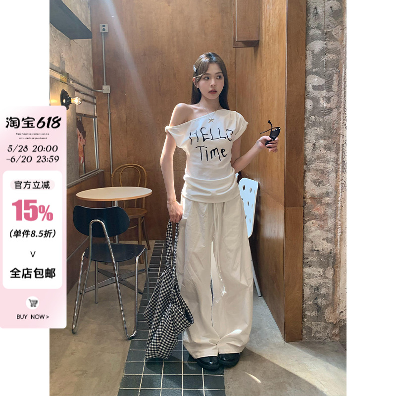 宋鎮根ホワイトルーズシミターパンツカジュアルパンツレディース夏新作ハイウエストストレートパンツレイジードレープロングパンツ