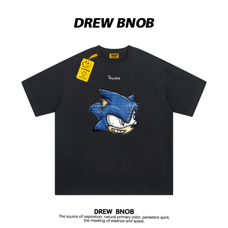 Drewbnob American Trendy Brand Sonic Cartoon Print Short-Sleeved T-Shirt for Men and Women, Loose Cotton Top for Couples