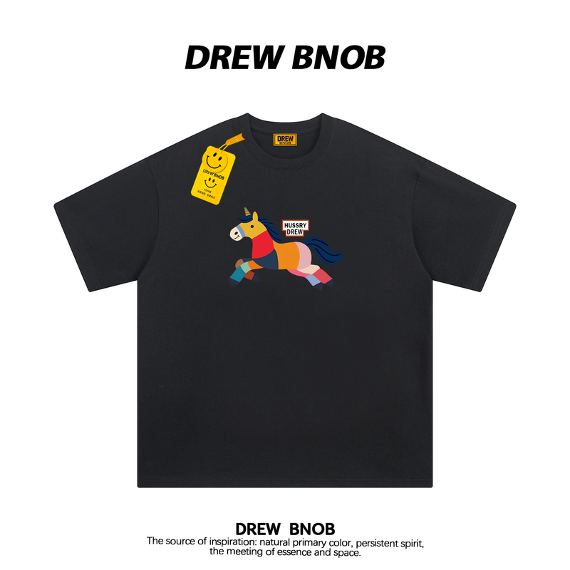 Drewbnob American Trendy Brand Retro Unicorn Print Short-Sleeved T-Shirt for Men and Women Casual Loose Couple Wear Half-Sleeve