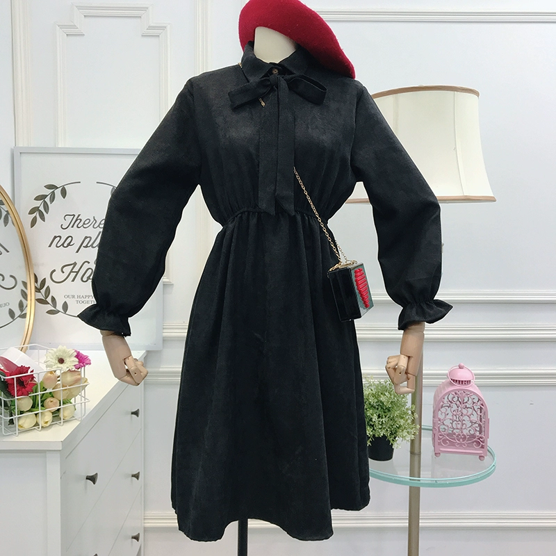 2018 mùa thu và mùa đông thời trang mới màu sắc hoang dã tie bow trumpet tay áo eo giảm béo dài dress