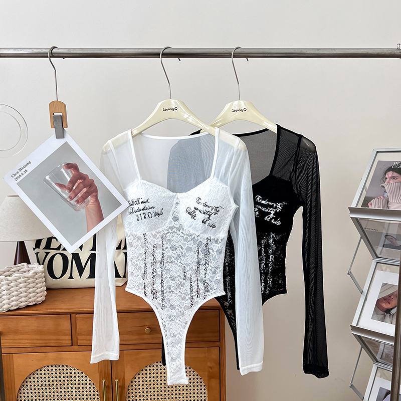 Sexy and Stylish Letter Print Lace Hollow-Out Jumpsuit Long-Sleeve T-Shirt Top for Women Sexy and Stylish Letter Print Lace Hollow-Out Jumpsuit Long-Sleeve T-Shirt Top for Women