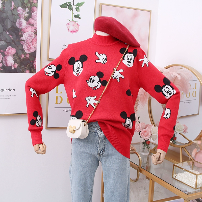 2020 mới giảm tuổi hoạt hình dễ thương Mickey in cổ cao nửa tay áo dài lỏng lẻo áo len chạm đáy áo sơ mi nữ - Vòng cổ áo len