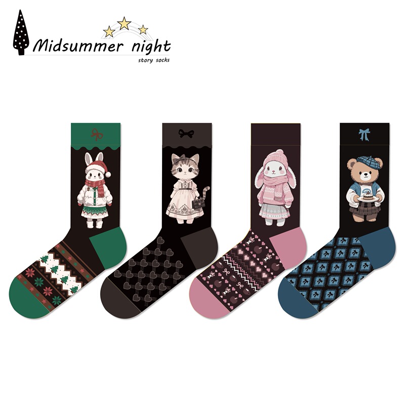 【Three】Midsummer Night's Tale Cat Forest Fairy Tale Style Artistic Little Panda Rabbit 91% Cotton Thick Socks 10 Get 1 Free 【Three】Midsummer Night's Tale Cat Forest Fairy Tale Style Artistic Little Panda Rabbit 91% Cotton Thick Socks 10 Get 1 Free
