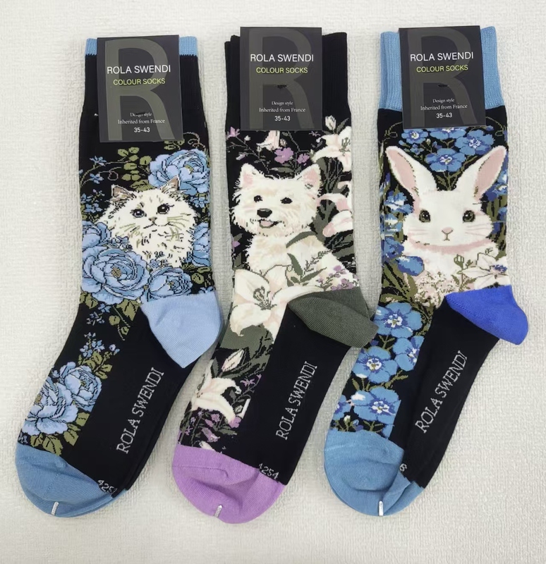 【Rola Rola Seven】French Imported Floral Cat Tiger Leopard Rabbit All-Season Mid-Tube 95.2% Cotton Socks