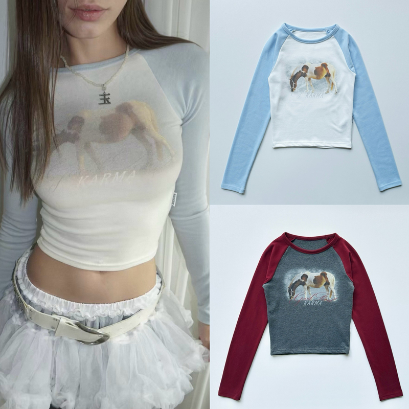 Korean Niche Ellagross Same Style American Hot Girl Slim-Fit Color-Blocked Short Long-Sleeve T-Shirt