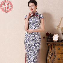  Yifu spring and summer silk long blue and white cheongsam modified fashion Chinese style dress long handmade customization