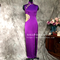  Yifu new gold thread abstract phoenix embroidery star purple silk high slit modified cheongsam dress customization