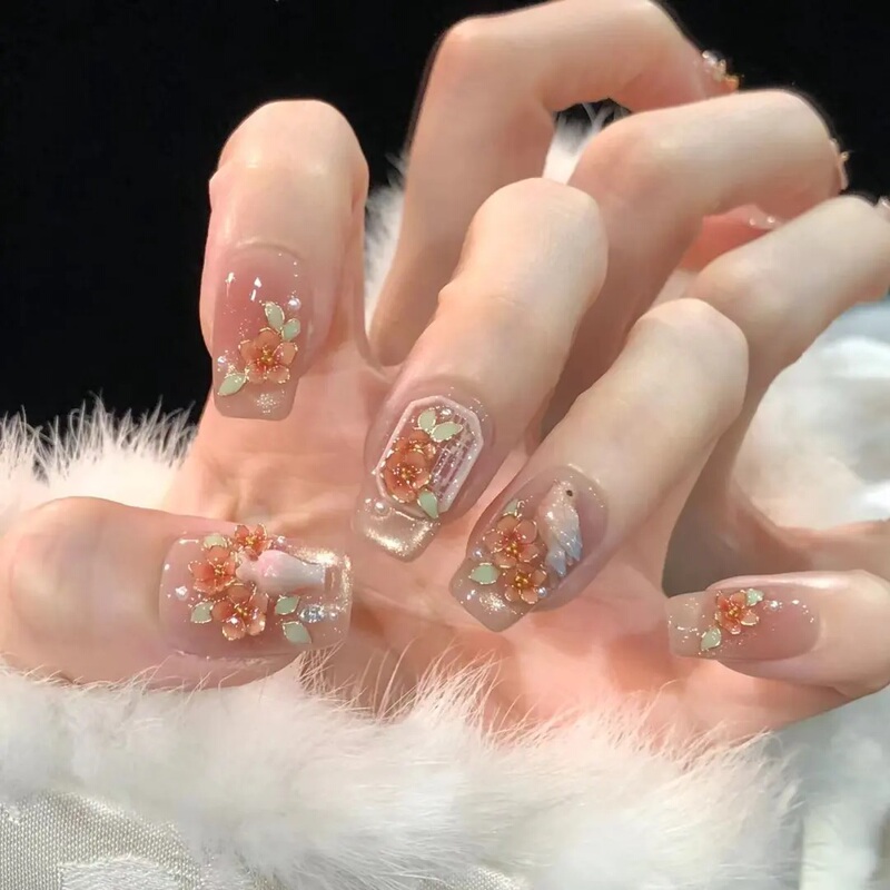 Yuanxi Flower Window Birdsong Purely Handmade Wearable Nails, Cloisonné Enamel Flowers, Chinese Style, Gentle Color Scheme, High-End Nail Art Pieces