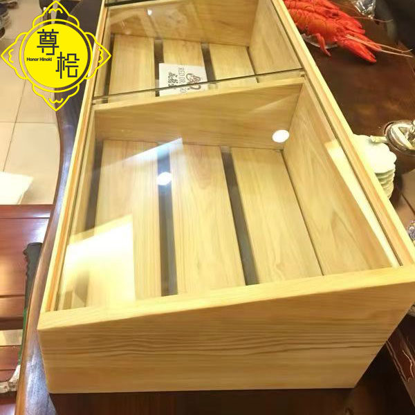 Japanese restaurant cypress display cabinet solid wood refrigerated Japanese teppanyaki meat sushi fish box baking custom furniture