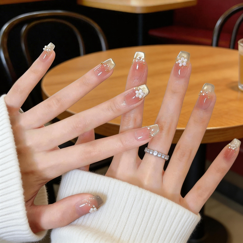 Springtime Sparkling Floral Pearl Press-On Nails, Kansai Rina Color, Brightening Short Ladder-Shaped Detachable Nail Patches, Fake Nails