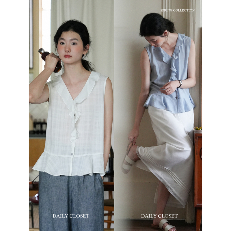 The Summer That the Wind Blows Through: Delicore Ruffled V-Neck Lyocell Linen Sleeveless Shirt