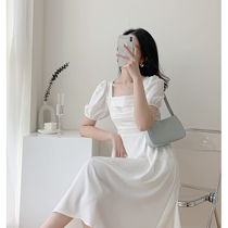 Full nectar custom white square collar French style dress with dress female nail beads temperament The goddess Fan retro 2021 new