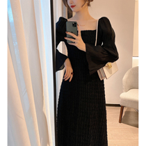 Square collar black style vintage Herbbon windy with dress femininity Femininity High-end 2021 Fall new little black dress