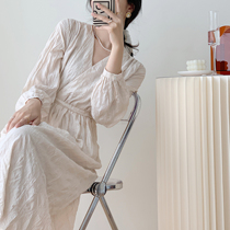 Full honey Custom Canopy V Collar Temperament Style Dress Code Dress Woman slim collection waist lacing 2021 Chunqiu New dress