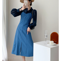 Full nectar custom blue plaid harness one-piece dress girl shirt Two sets style retro open fork 2021 new