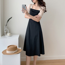 Full nectar custom black French style square collar splicing temperament one-piece dress woman Hepburn Han version Summer new little black dress