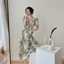 Full honey custom green chiffon one piece dress femininity slimming waist 2021 summer new skirt