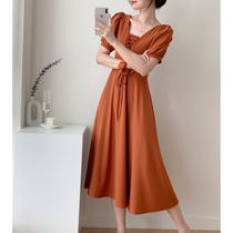 Full nectar custom caramel color style temperament square collar dress Dress Woman slim Lean Bubble Sleeves Cashews new summer