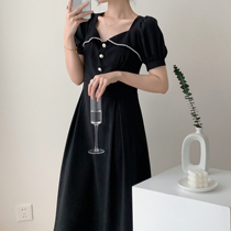Full Honey Custom Black Square Collar Temperament Style Dress Dress Woman Herben Windy Slim Black Dress 2022 Summer New