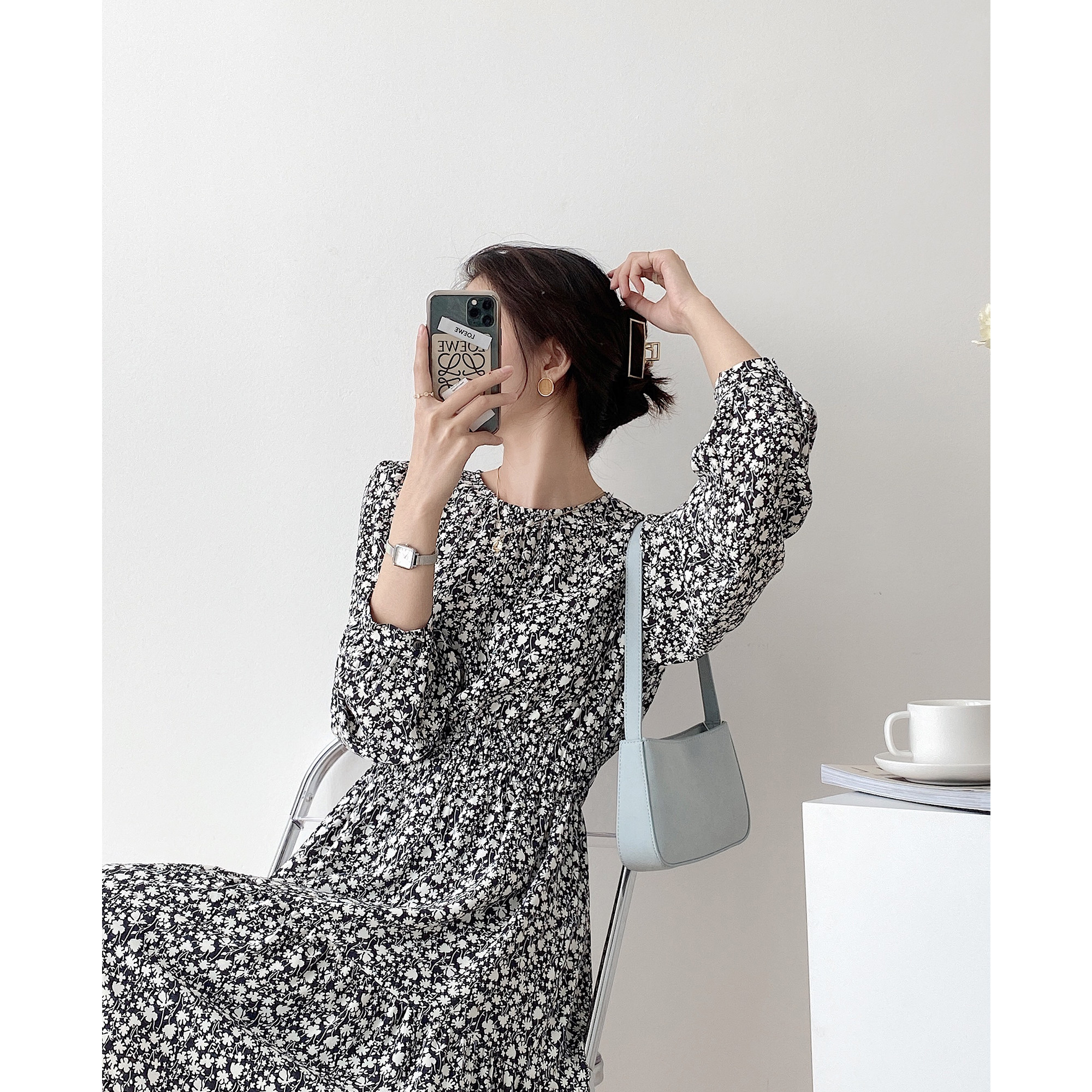 Full honey custom floral chiffon French waist slimming retro dress female a-line spring and autumn new style